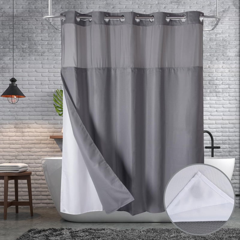 Ecoehoe Extra Long 71x79 Gray Waffle Fabric Hook Free Shower Curtain with Removable Polyester Linerâ€“Heavy Weight - Image 1